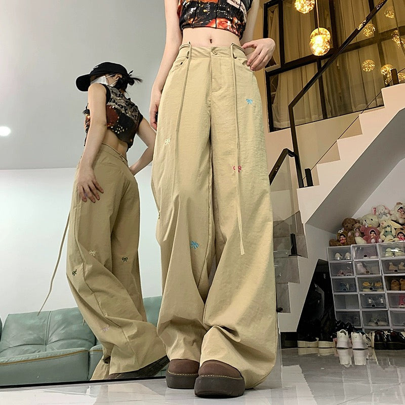 Konggeins Straight ribbon embroidery casual pants