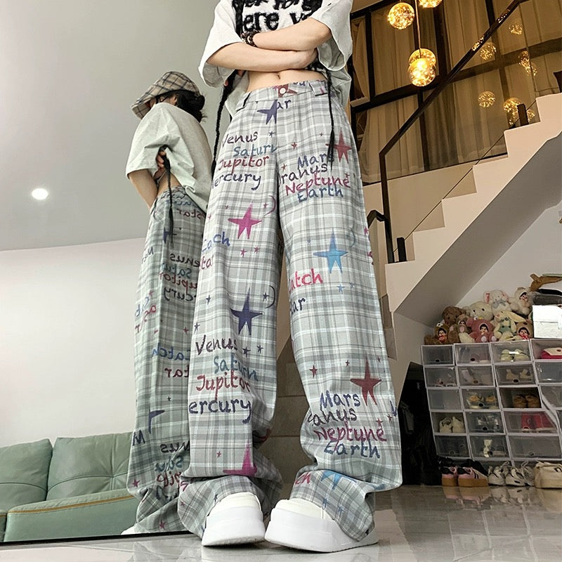 Konggeins Star Plaid Street Wide Leg Pants