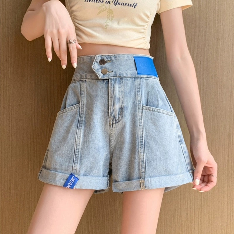 Konggeins Light Blue Wide Leg Shorts Casual Jeans