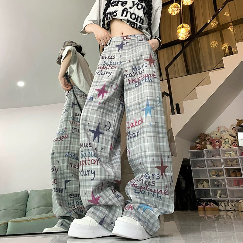 Konggeins Star Plaid Street Wide Leg Pants