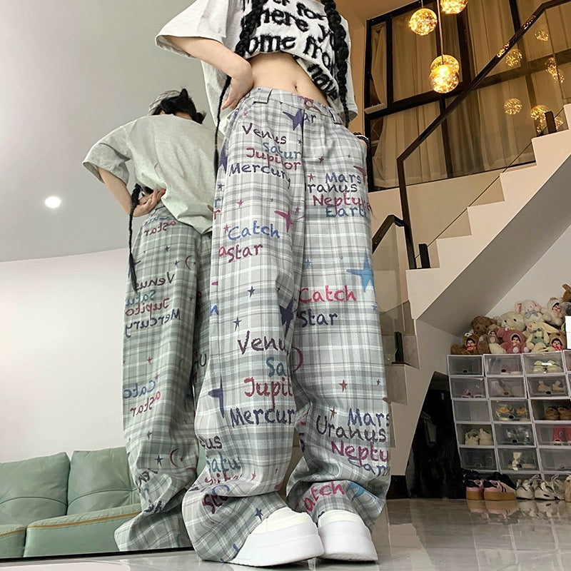 Konggeins Star Plaid Street Wide Leg Pants