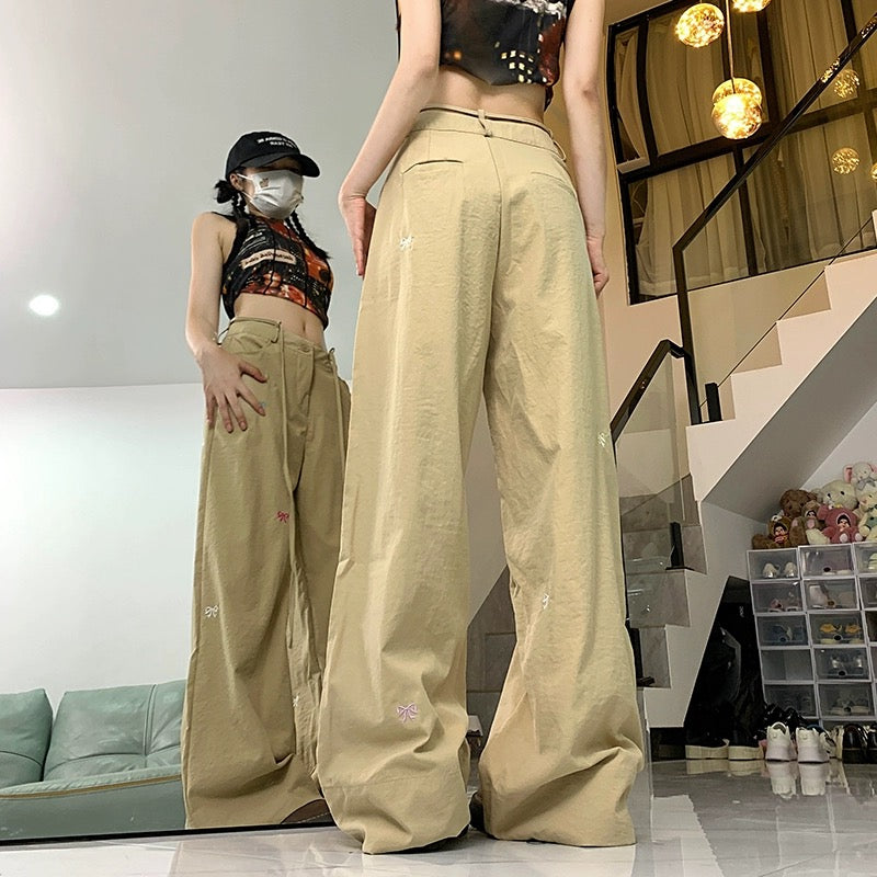 Konggeins Straight ribbon embroidery casual pants