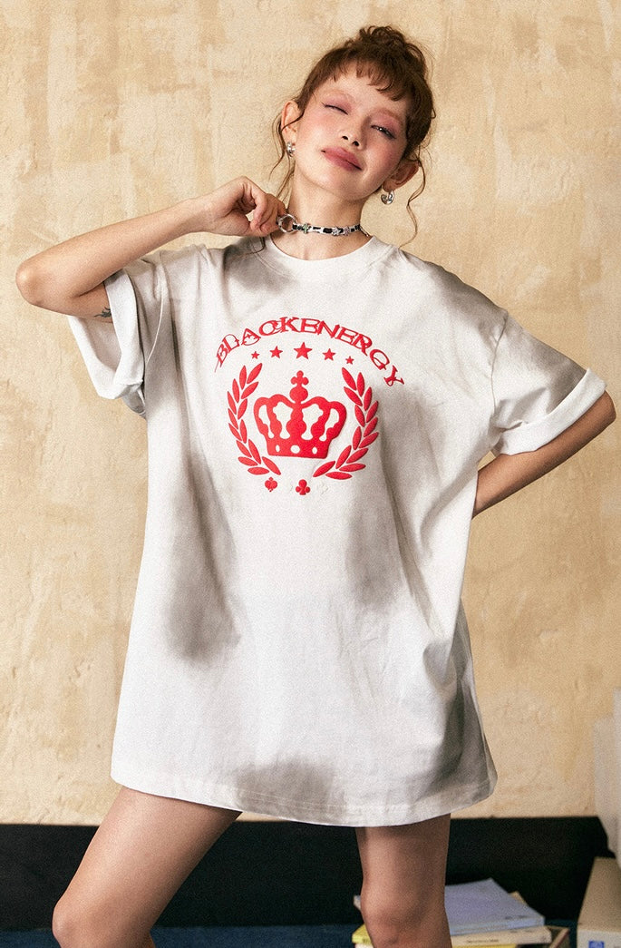 EZEK&STUDIO American Retro Crown Print Letter Short Sleeve T-Shirt