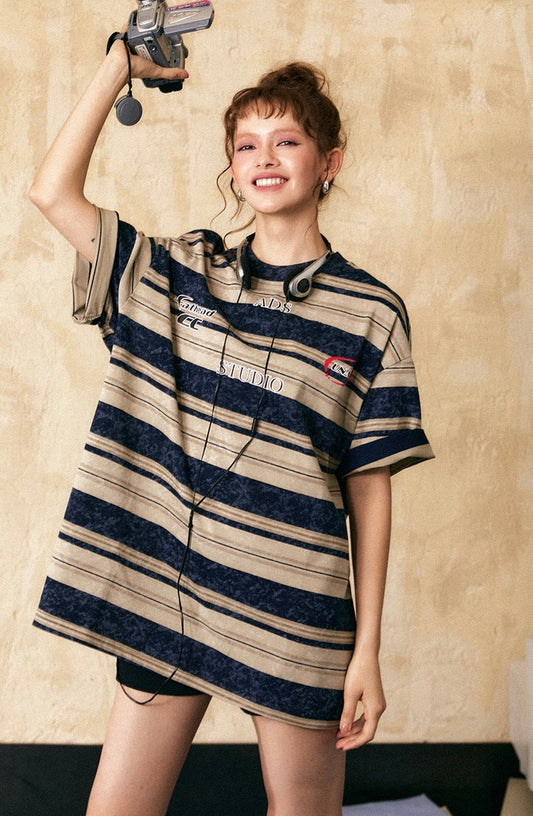 EZEK&STUDIO American retro striped short sleeve T-shirt