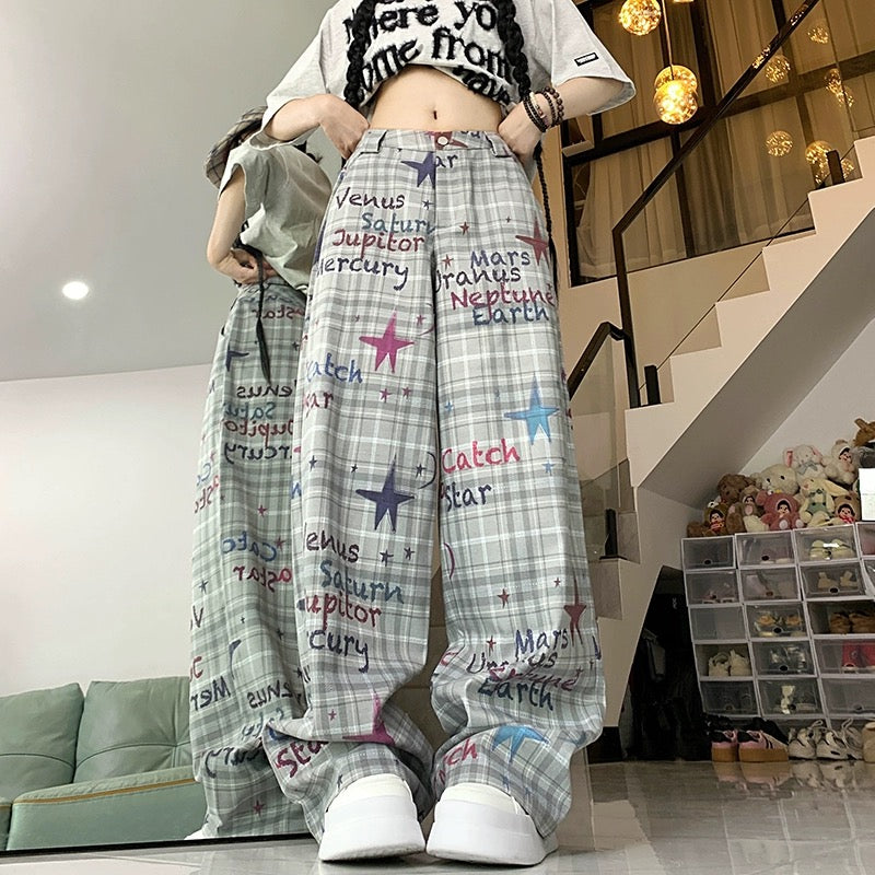 Konggeins Star Plaid Street Wide Leg Pants