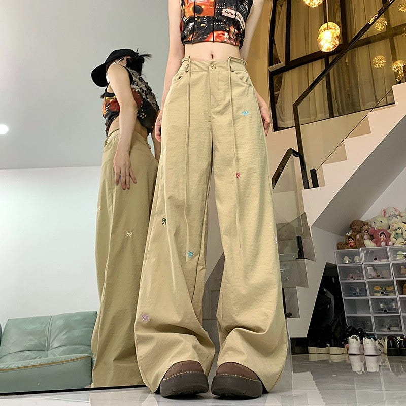 Konggeins Straight ribbon embroidery casual pants