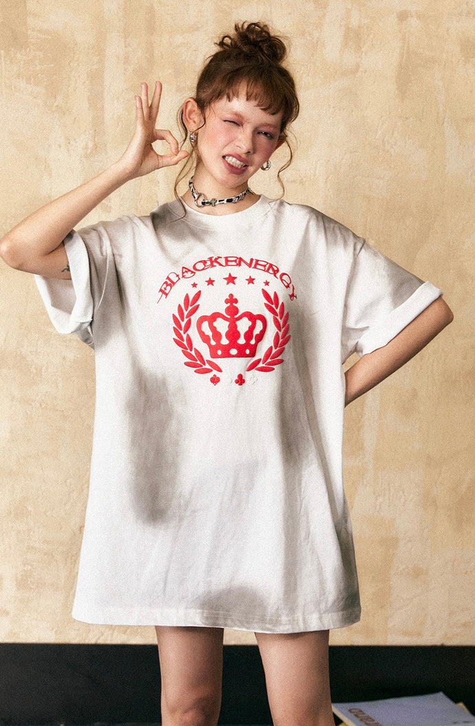 EZEK&STUDIO American Retro Crown Print Letter Short Sleeve T-Shirt