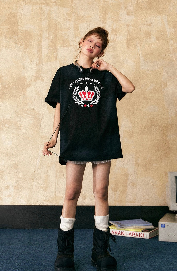 EZEK&STUDIO American Retro Crown Print Letter Short Sleeve T-Shirt