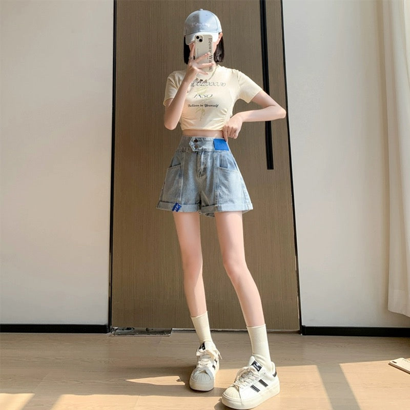 Konggeins Light Blue Wide Leg Shorts Casual Jeans