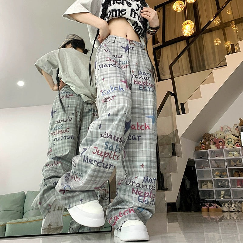 Konggeins Star Plaid Street Wide Leg Pants