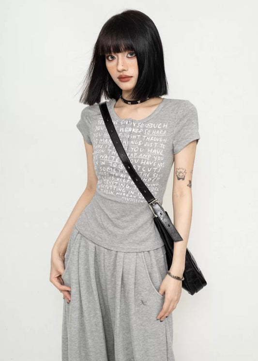 ZEROSTORE Simple casual gray English print short top