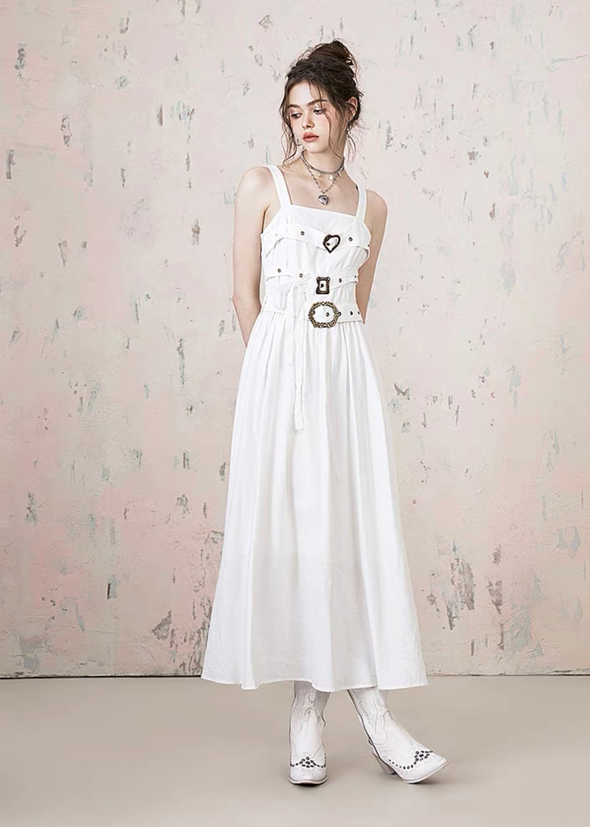 I'M ONE White Rose Lace Niche Long Skirt Retro Dress