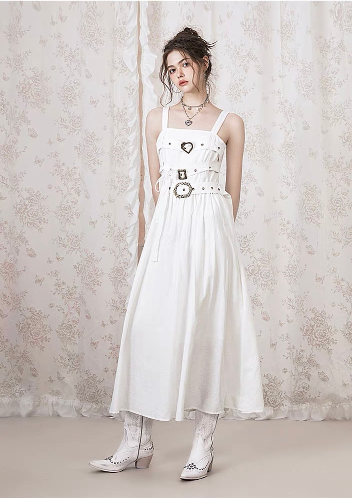 I'M ONE White Rose Lace Niche Long Skirt Retro Dress