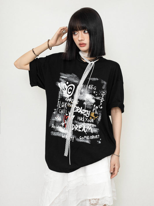 ZEROSTORE American Loose Top Graffiti Print T-Shirt