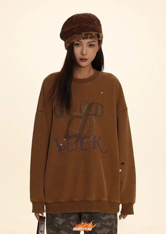 DONOTTAG Goodluck Round Neck Printed Sweatshirt