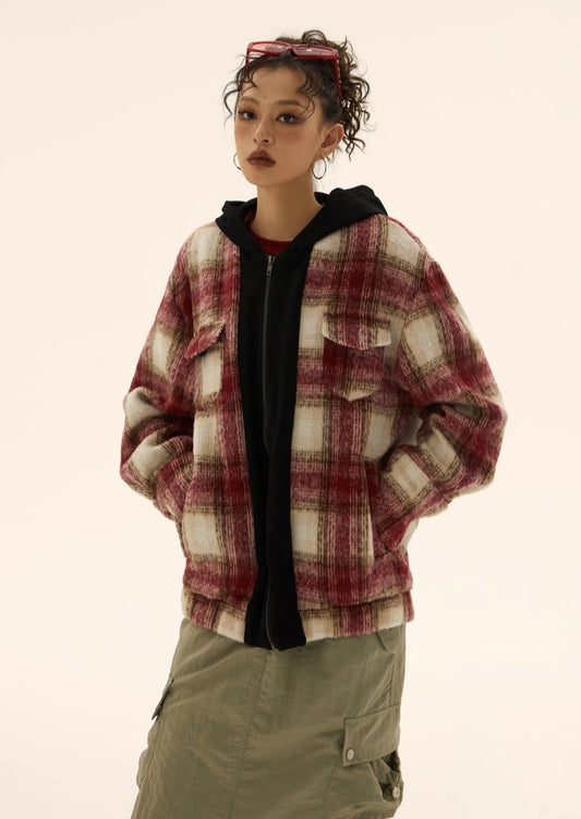 EZEK&STUDIO Plaid Splicing Hooded Jacket