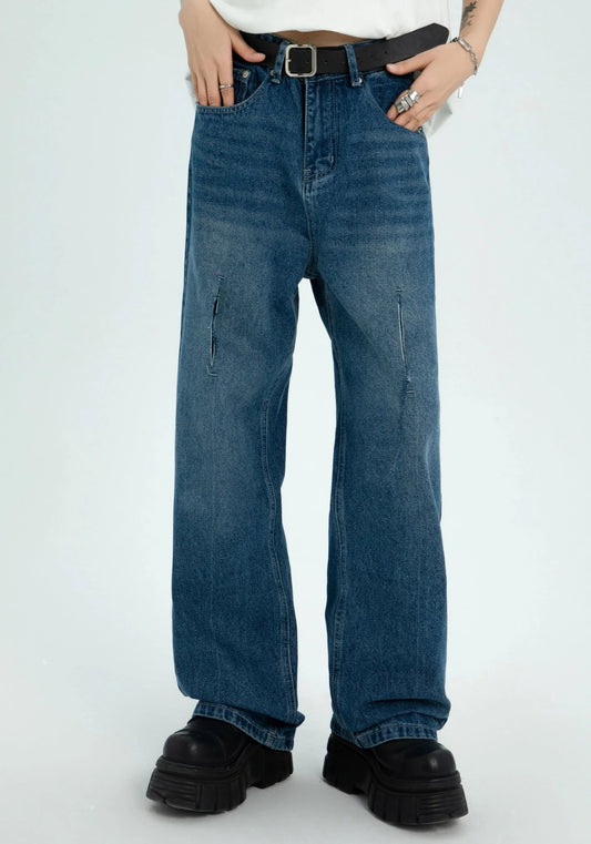 EZEK&STUDIO Carved Loose Straight Denim Pants