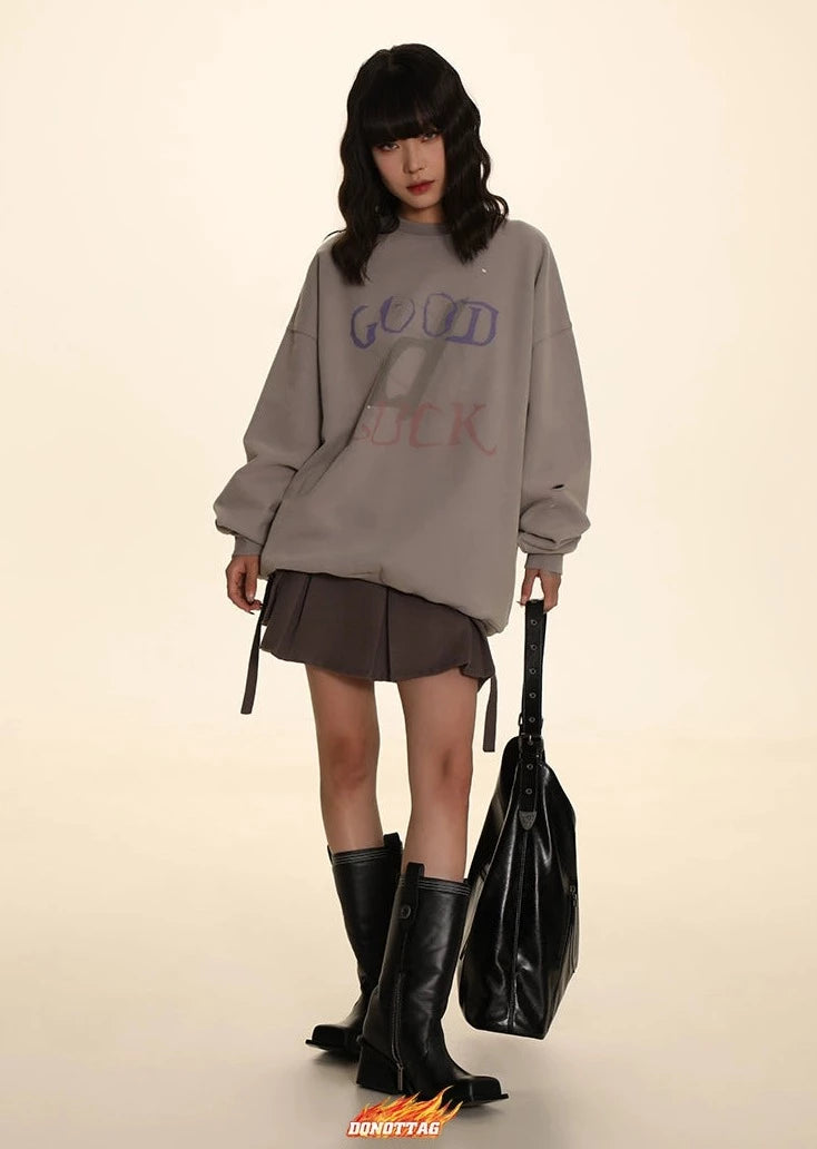 DONOTTAG Goodluck Round Neck Printed Sweatshirt