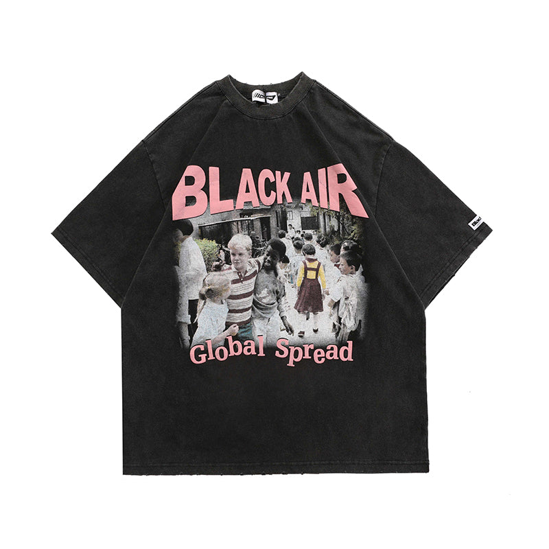 EZEK&STUDIO American Retro Old Black Print T-shirt