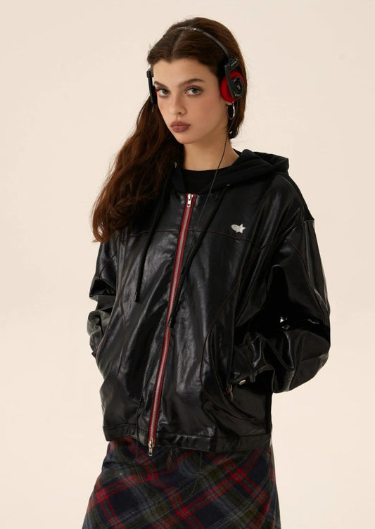 EZEK&STUDIO Hooded Leather Jacket