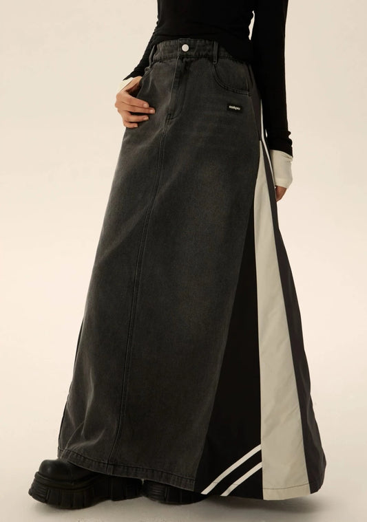 EZEK&STUDIO Splicing Denim Long Skirt