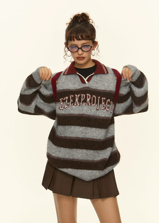 EZEK&STUDIO American Retro Lapel Striped Pullover Sweater