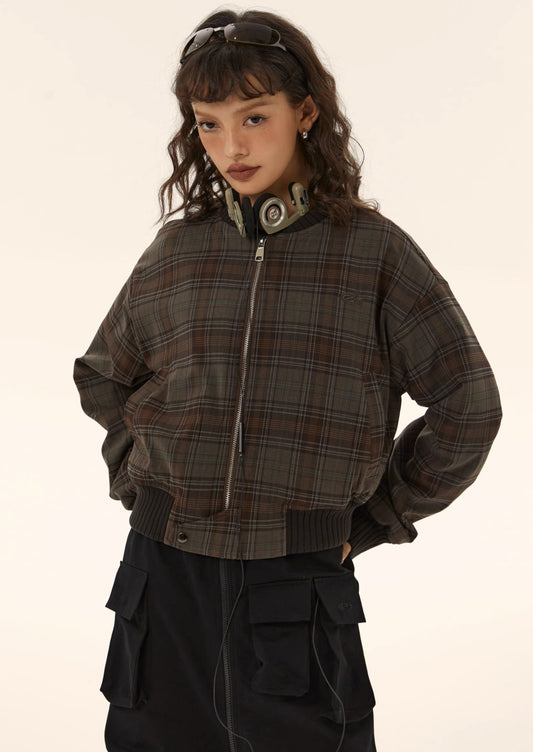 EZEK&STUDIO Vintage Plaid Short Baseball Jacket