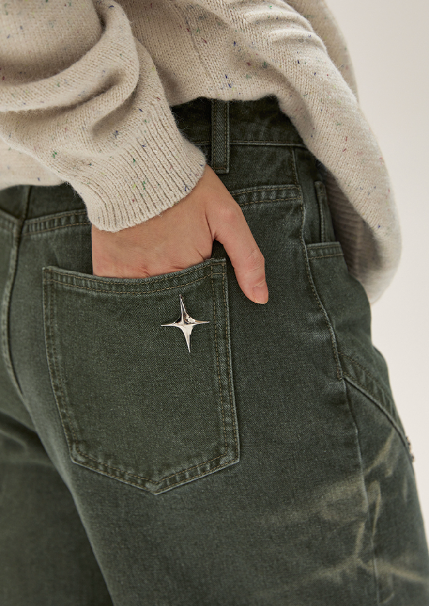 I’M ONE Washed Curve Patch Denim Pants